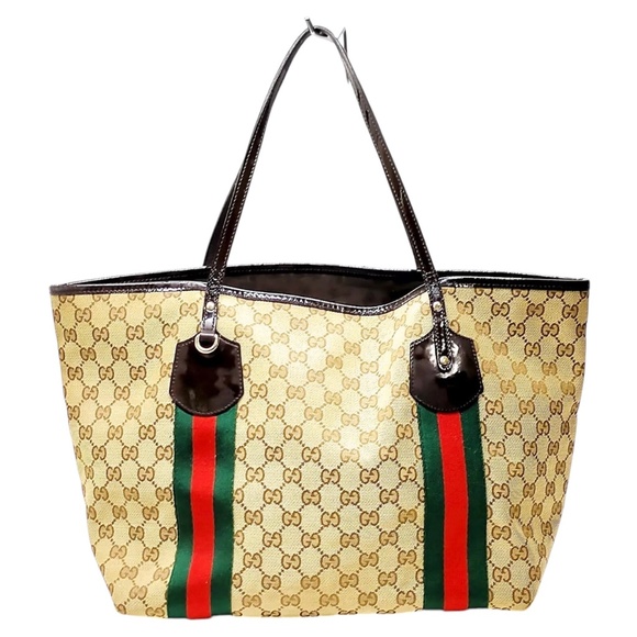 Gucci Handbags - GUCCI Tote Bag Jolie Vintage Sherry Line Brown Canvas Classic Red Green Stripes